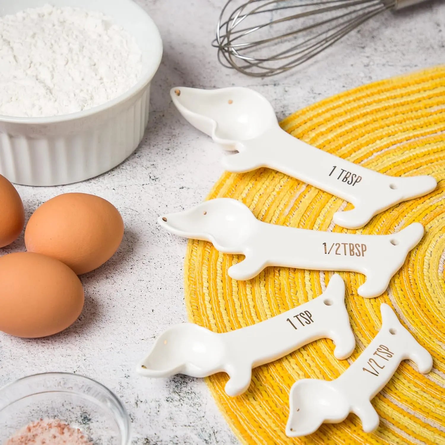 VOTUM White Ceramic Measuring Cups and Spoons Set - Dog Themed Kitchen Accessories with Spoon Rest Cute Dachshund Baking Supplies Dog Lover Gift