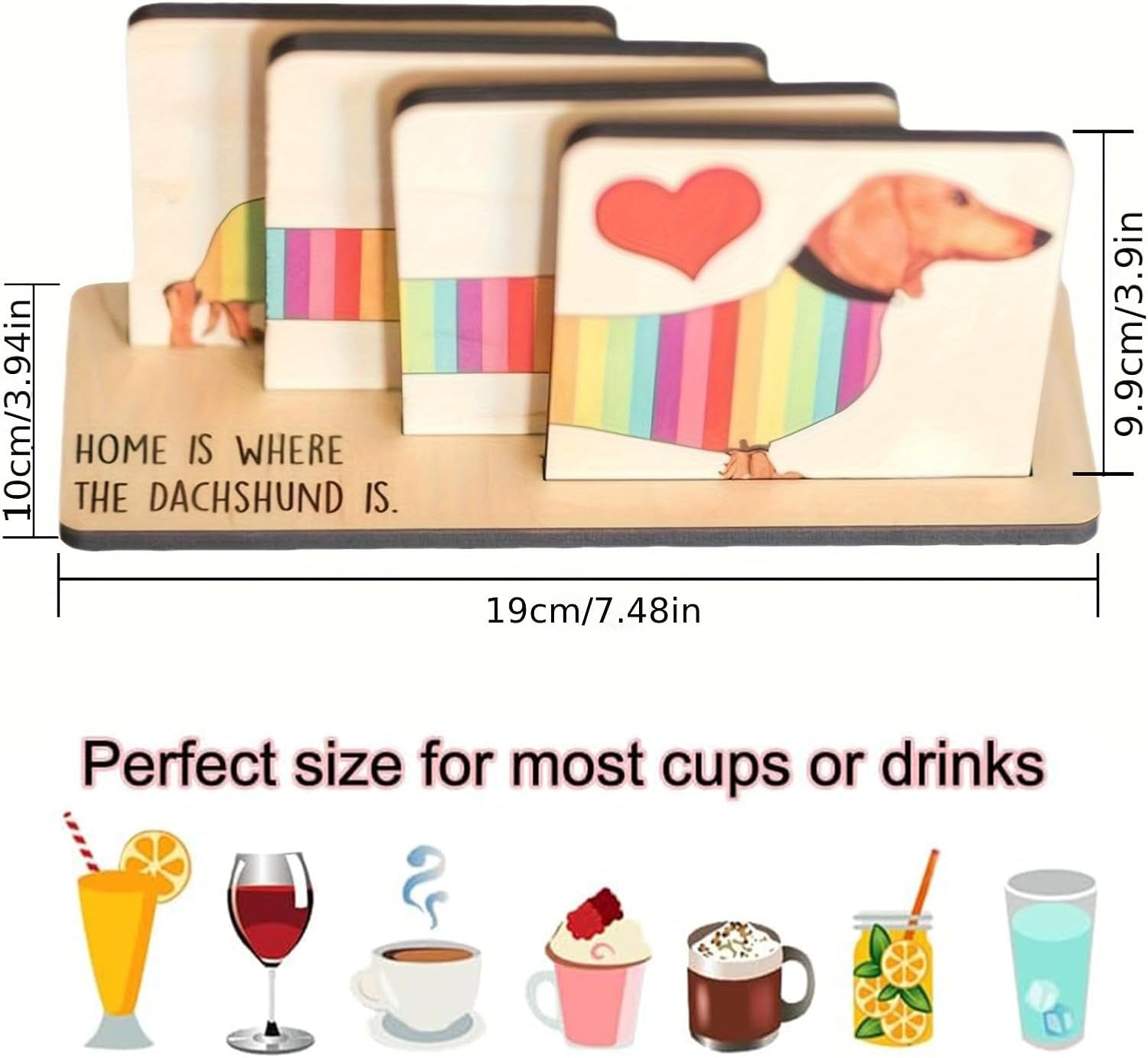 Dachshund Wooden Coasters Set with Holder, Cute Animal Shaped Drink Coasters, Handmade Table Protectors for Home and Office for Hot & Cold Drinks, Unique Dachshund Decor