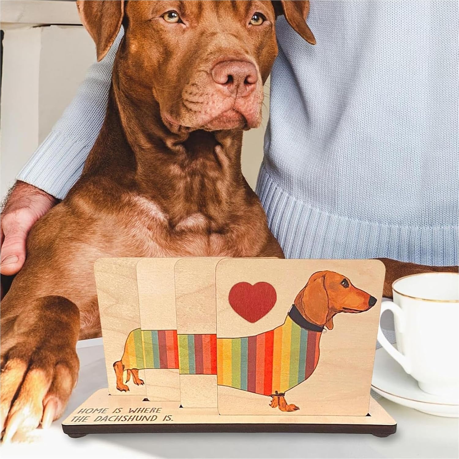 Dachshund Wooden Coasters Set with Holder, Cute Animal Shaped Drink Coasters, Handmade Table Protectors for Home and Office for Hot & Cold Drinks, Unique Dachshund Decor