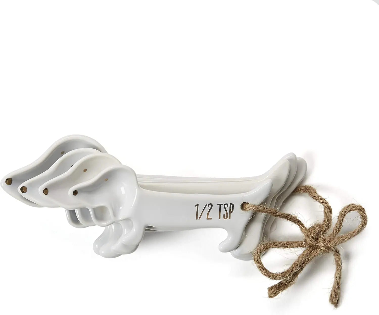 VOTUM White Ceramic Measuring Cups and Spoons Set - Dog Themed Kitchen Accessories with Spoon Rest Cute Dachshund Baking Supplies Dog Lover Gift
