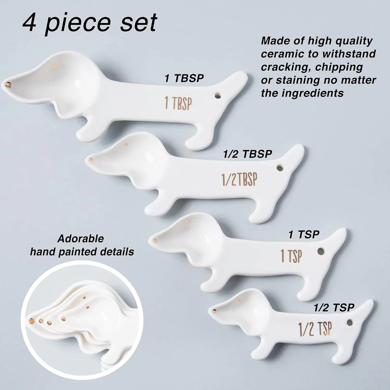 VOTUM White Ceramic Measuring Cups and Spoons Set - Dog Themed Kitchen Accessories with Spoon Rest Cute Dachshund Baking Supplies Dog Lover Gift