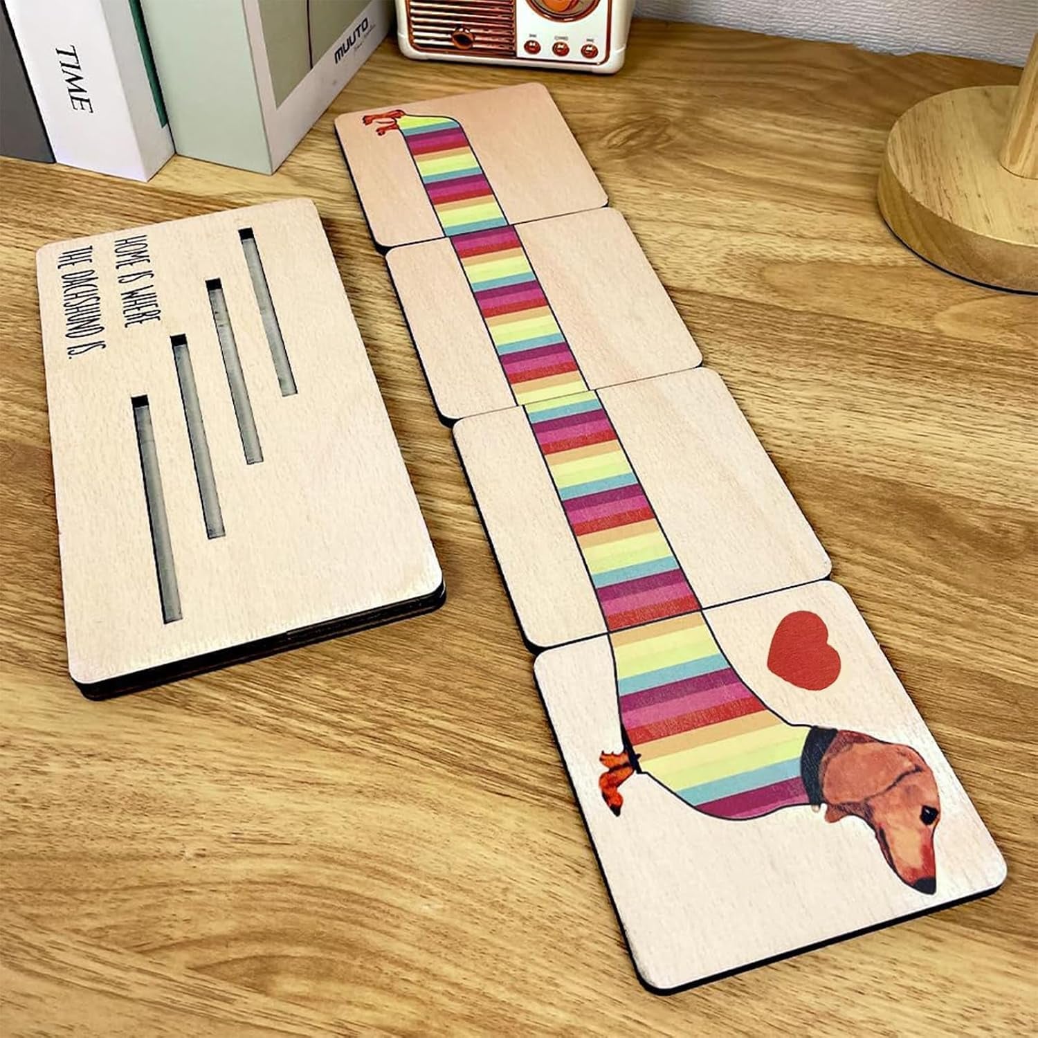 Dachshund Wooden Coasters Set with Holder, Cute Animal Shaped Drink Coasters, Handmade Table Protectors for Home and Office for Hot & Cold Drinks, Unique Dachshund Decor