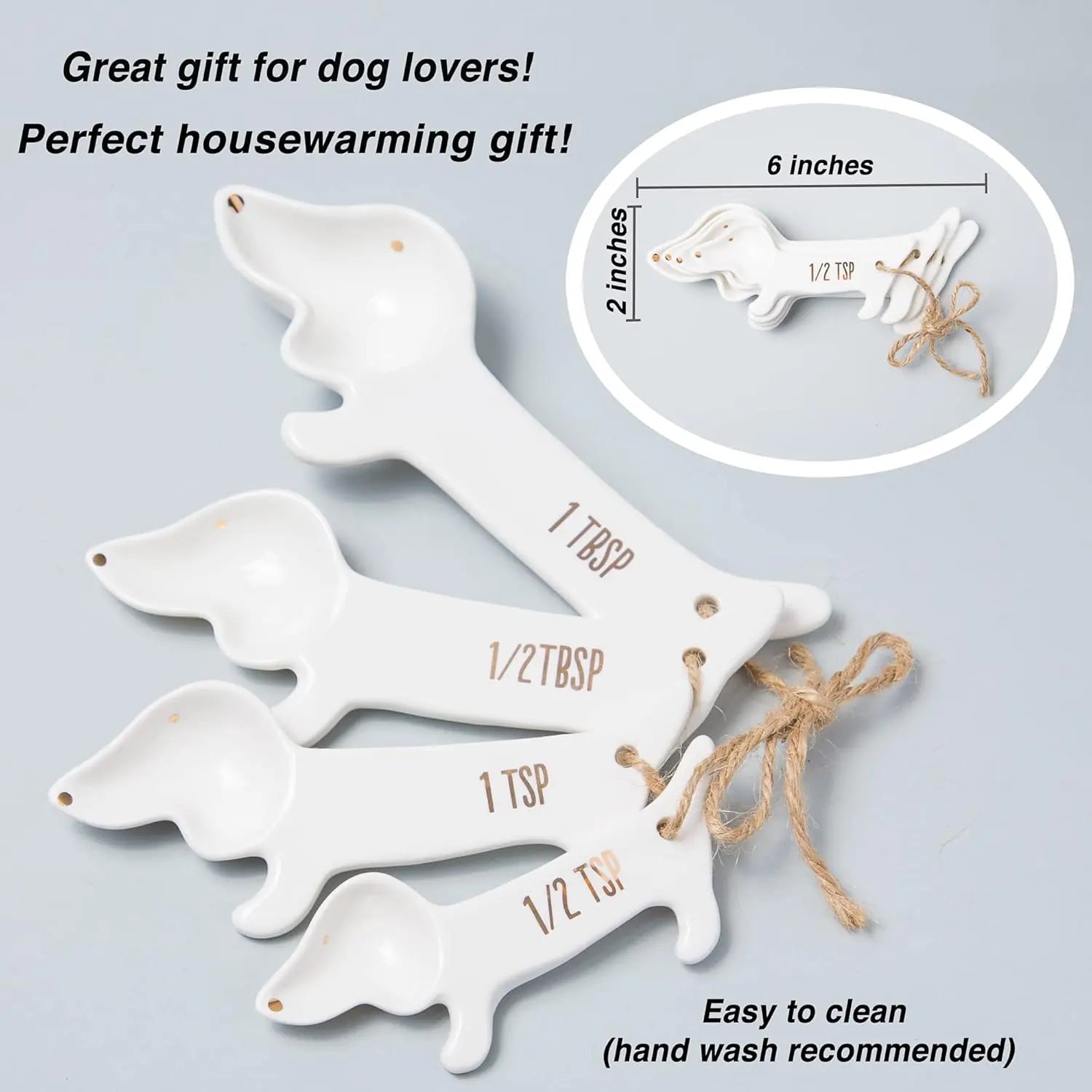 VOTUM White Ceramic Measuring Cups and Spoons Set - Dog Themed Kitchen Accessories with Spoon Rest Cute Dachshund Baking Supplies Dog Lover Gift