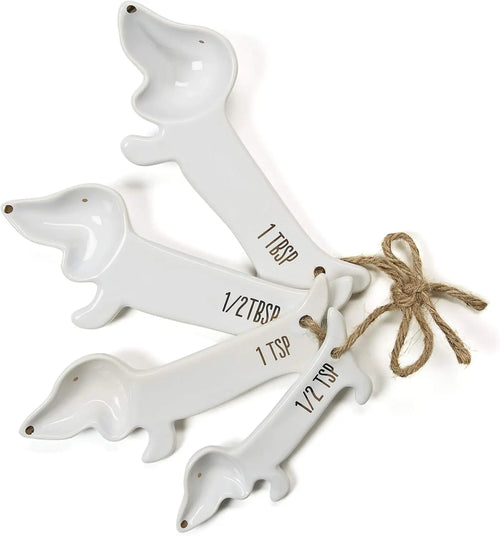 VOTUM White Ceramic Measuring Cups and Spoons Set - Dog Themed Kitchen Accessories with Spoon Rest Cute Dachshund Baking Supplies Dog Lover Gift