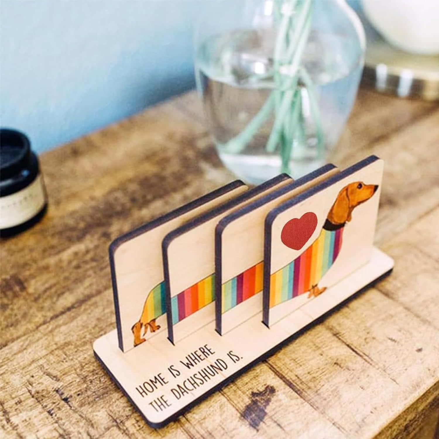 Dachshund Wooden Coasters Set with Holder, Cute Animal Shaped Drink Coasters, Handmade Table Protectors for Home and Office for Hot & Cold Drinks, Unique Dachshund Decor