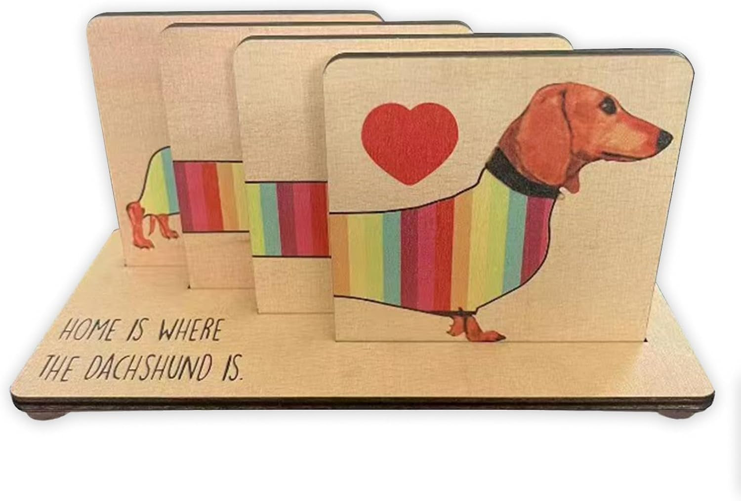 Dachshund Wooden Coasters Set with Holder, Cute Animal Shaped Drink Coasters, Handmade Table Protectors for Home and Office for Hot & Cold Drinks, Unique Dachshund Decor