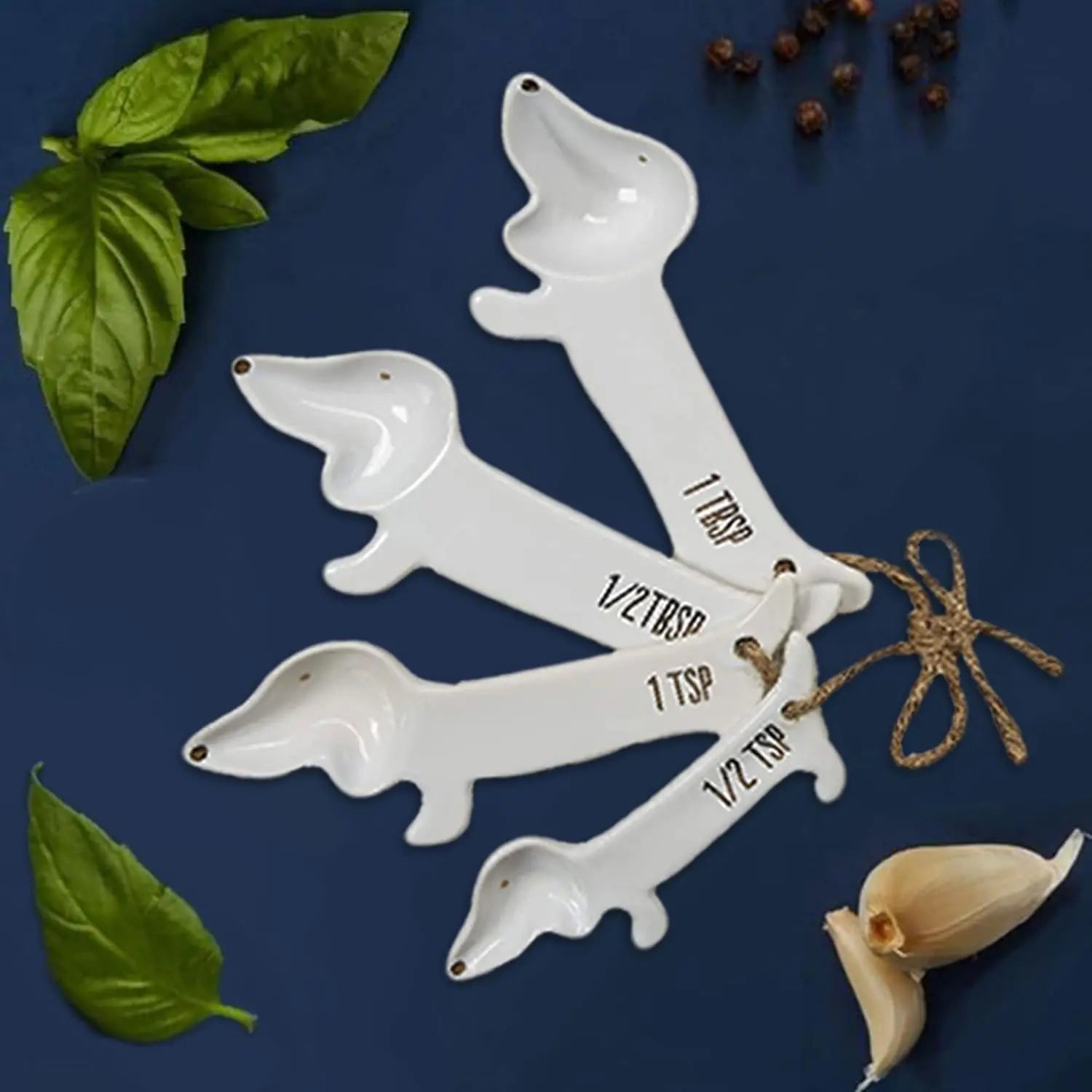 VOTUM White Ceramic Measuring Cups and Spoons Set - Dog Themed Kitchen Accessories with Spoon Rest Cute Dachshund Baking Supplies Dog Lover Gift